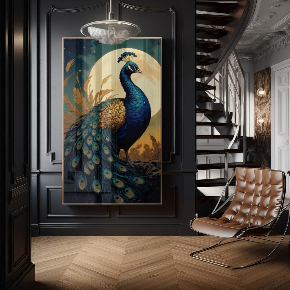 Quadro Pintura Pavão E Lua Cheia