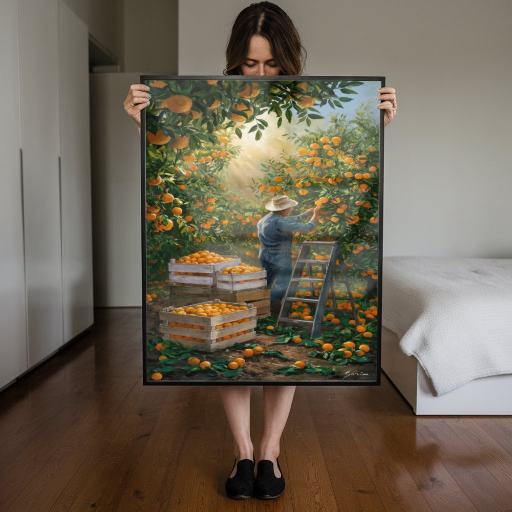 Quadro Camponês Colhendo Laranja