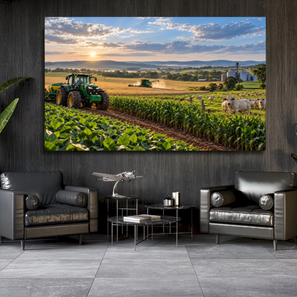 Quadro Sala Fazenda Trator ao Pôr do