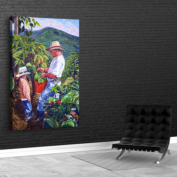 Quadro Pai E Filho Colhendo Café