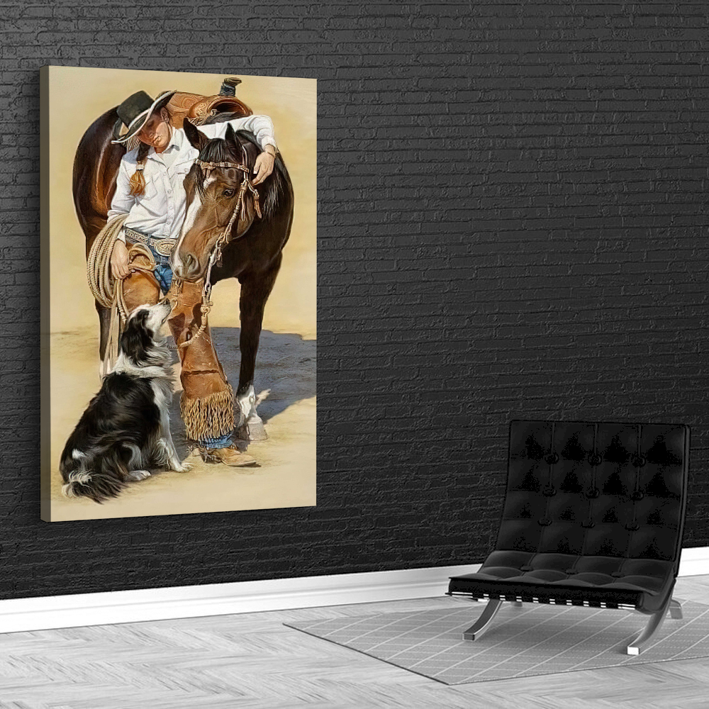 Quadro moça cavalo e cachorro estilo pintura – Arte premiada Agro Quadros