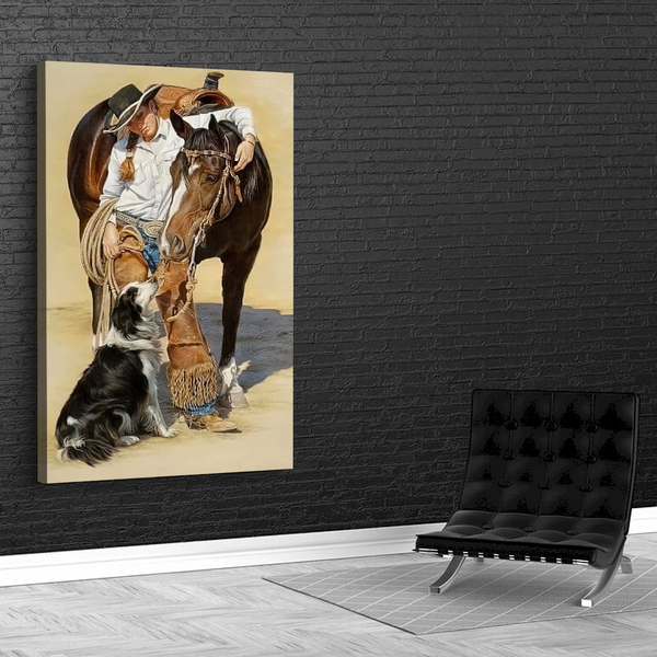 Quadro Moça Calao E Cachorro Estilo Pintura