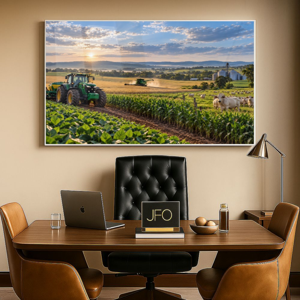 Quadro Sala Fazenda Trator ao Pôr do