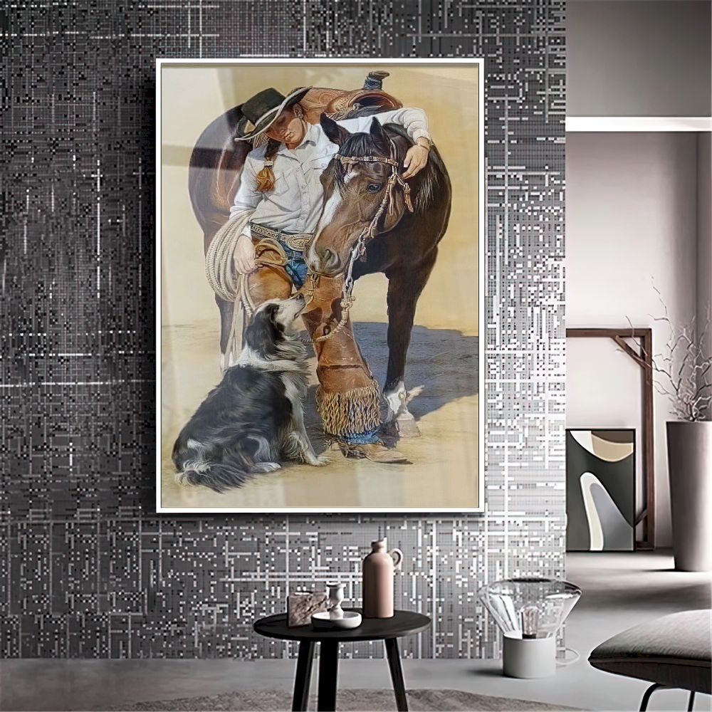 Quadro Moça Cavalo E Cachorro Estilo Pintura
