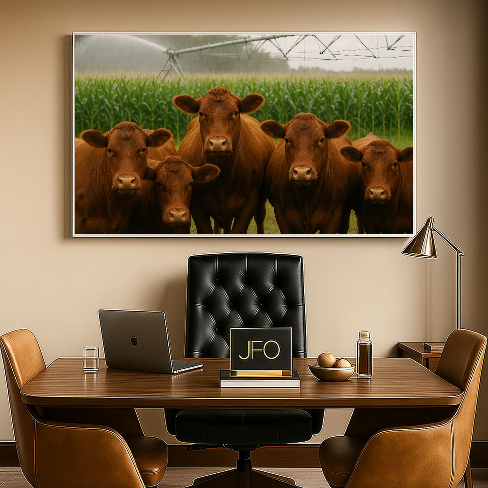 Quadro gado Red pastando com pivô e lavoura de milho – Arte premium do agronegócio