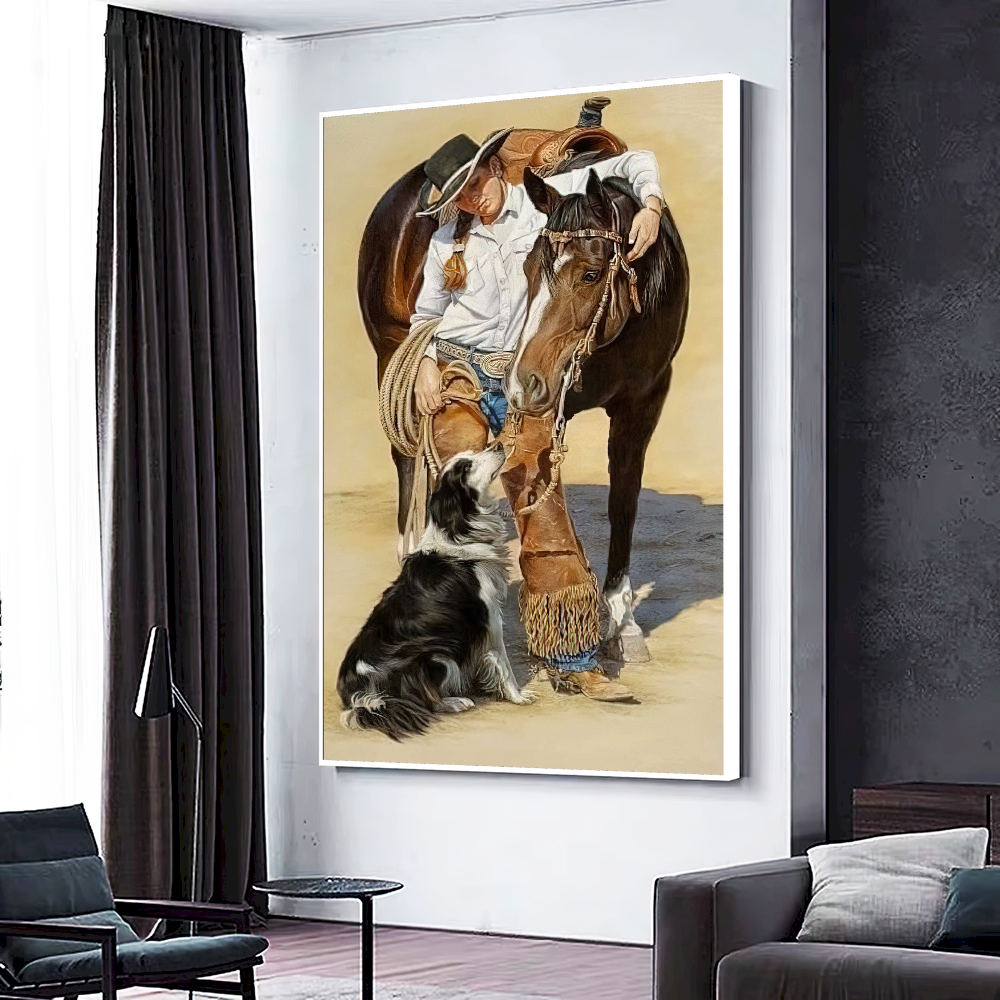 Quadro Moça Cavalo E Cachorro Estilo Pintura