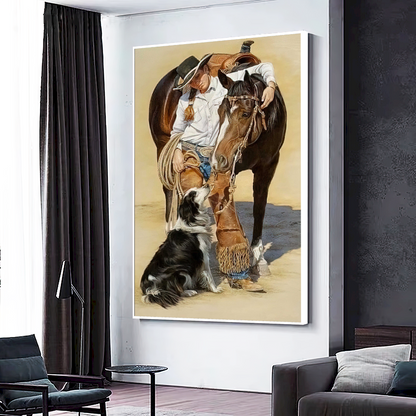 Quadro Moça Cavalo E Cachorro Estilo Pintura