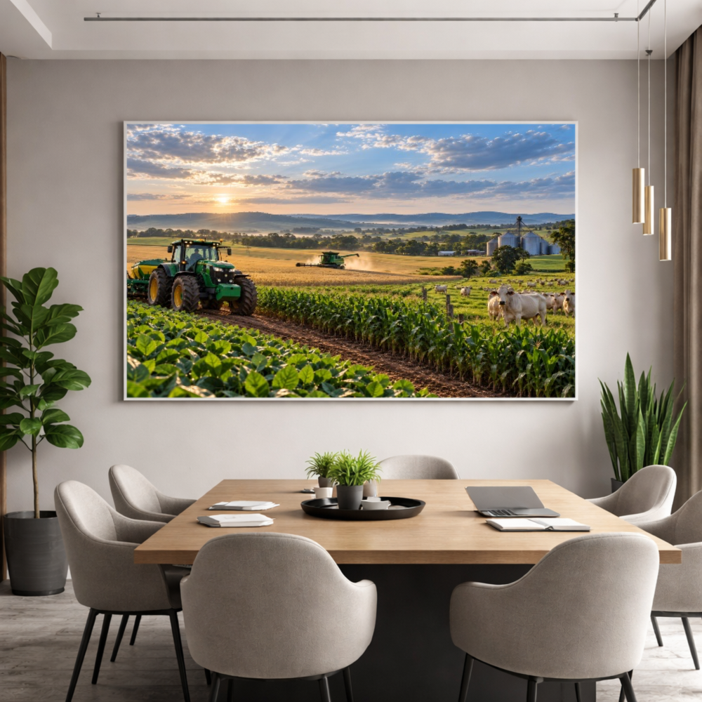 Quadro Sala Fazenda Trator ao Pôr do
