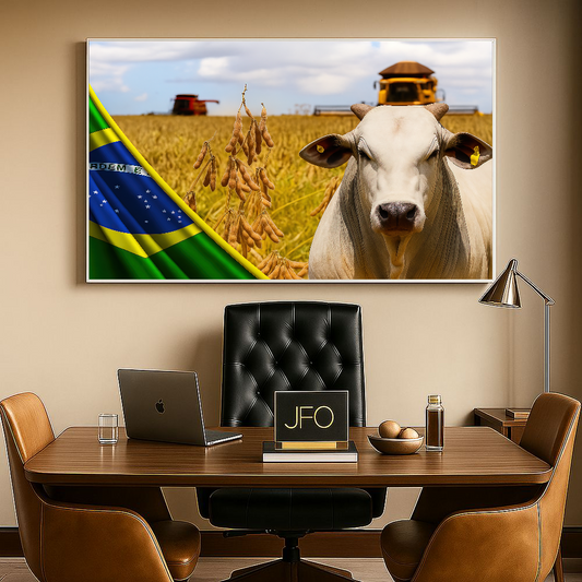 Quadro agro com lavoura, gado e bandeira do Brasil – Arte premium Agro Quadros