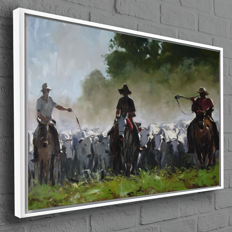 Quadro Cavaleiros Tocando Gado Estilo Pintura