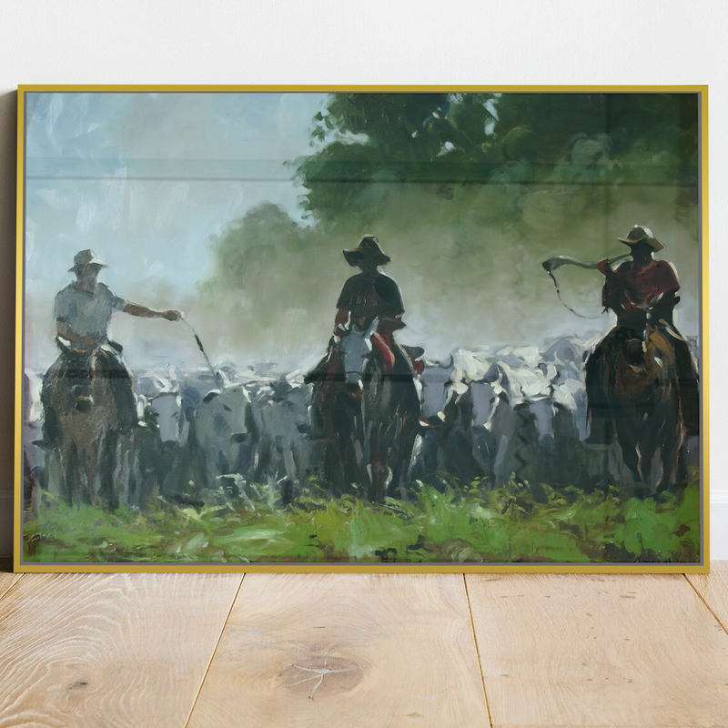 Quadro Cavaleiros Tocando Gado Estilo Pintura