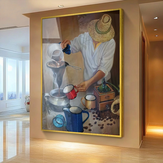 Quadro camponês preparando o café estilo pintura –
