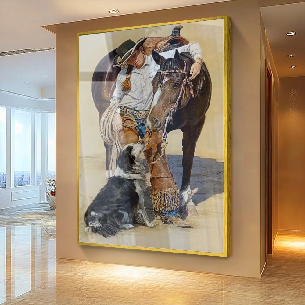 Quadro Moça Cavalo E Cachorro Estilo Pintura