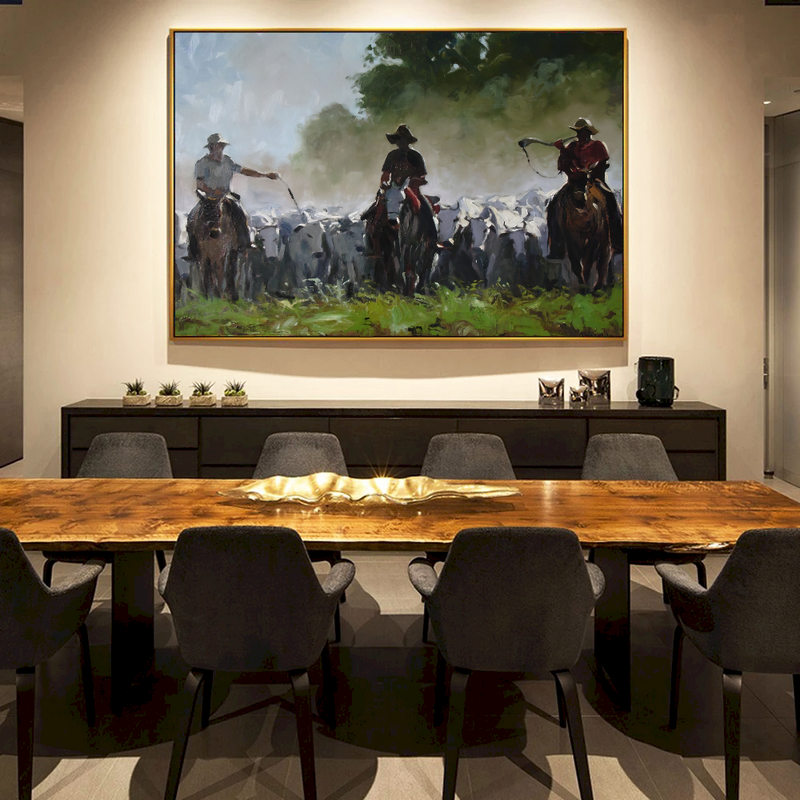 Quadro Cavaleiros Tocando Gado Estilo Pintura