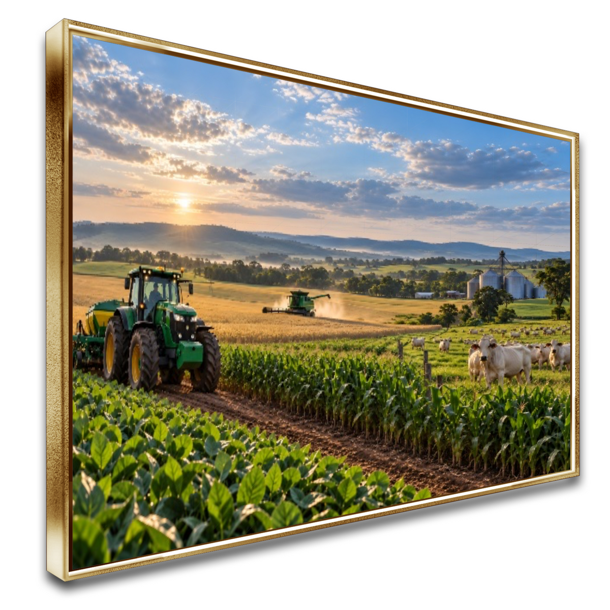 Quadro Sala Fazenda Trator ao Pôr do