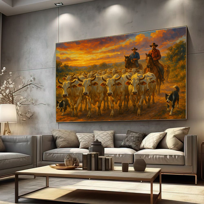 Quadro Efeito Pintura Tocando A Tropa De Gado