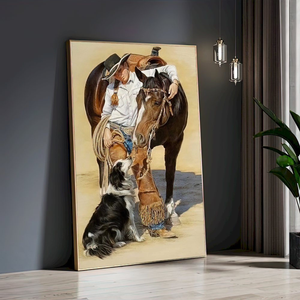 Quadro Moça Cavalo E Cachorro Estilo Pintura