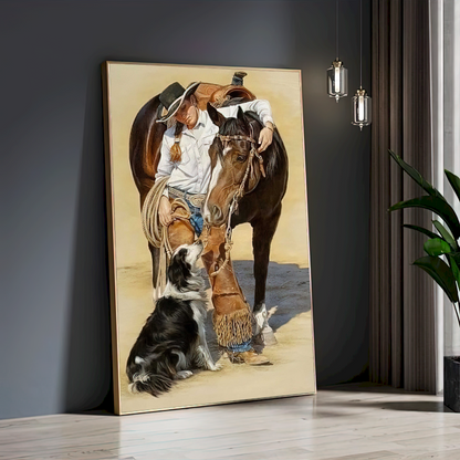 Quadro Moça Cavalo E Cachorro Estilo Pintura