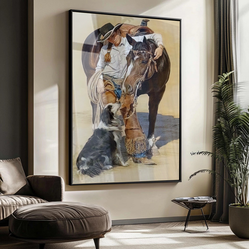 Quadro Moça Calao E Cachorro Estilo Pintura
