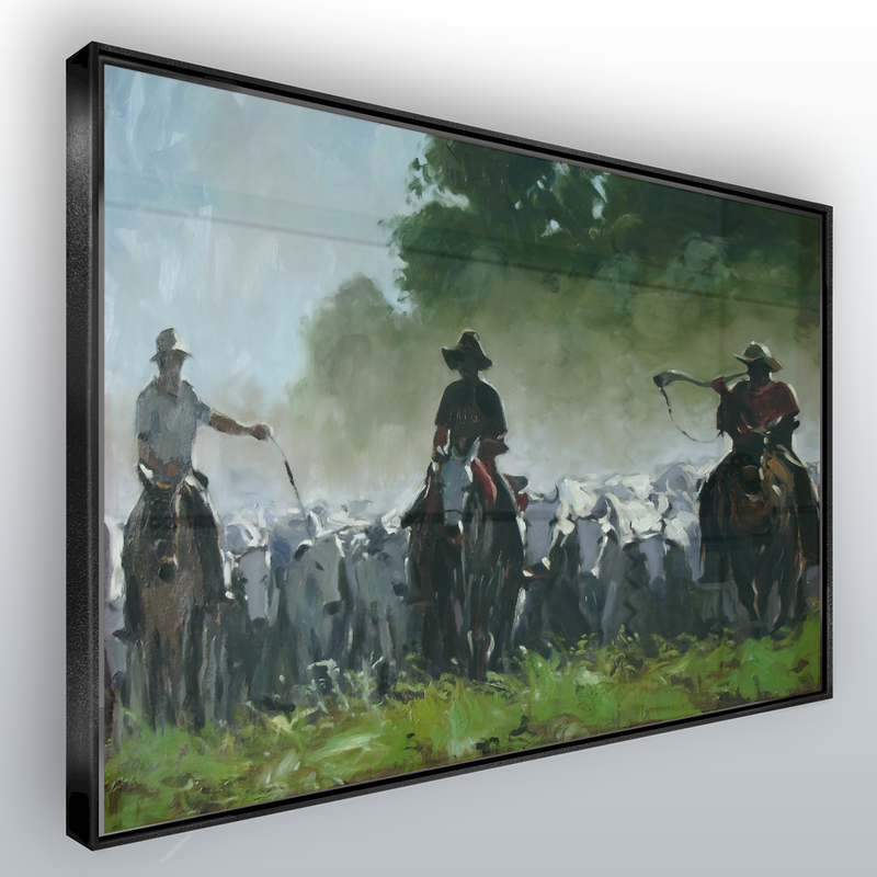 Quadro Cavaleiros Tocando Gado Estilo Pintura