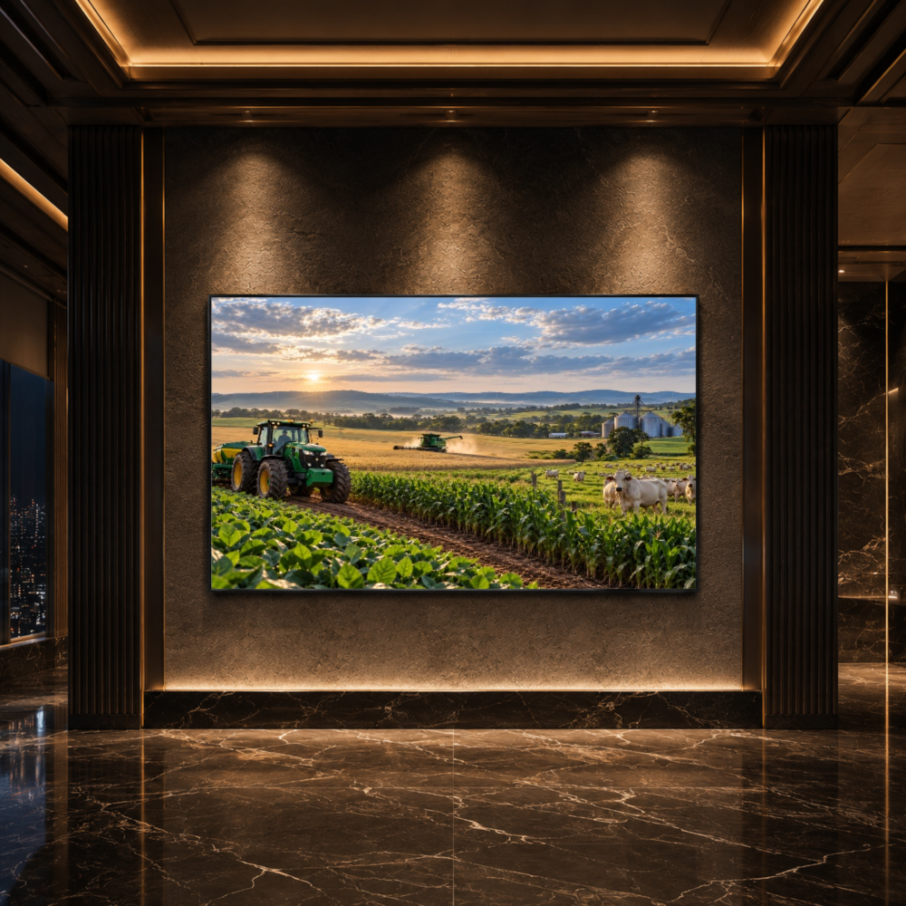 Quadro Sala Fazenda Trator ao Pôr do