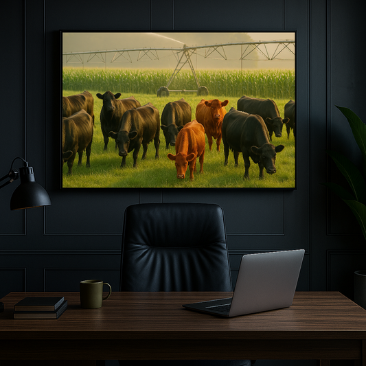 Quadro gado pastando com pivô de irrigação – Arte premium do agronegócio
