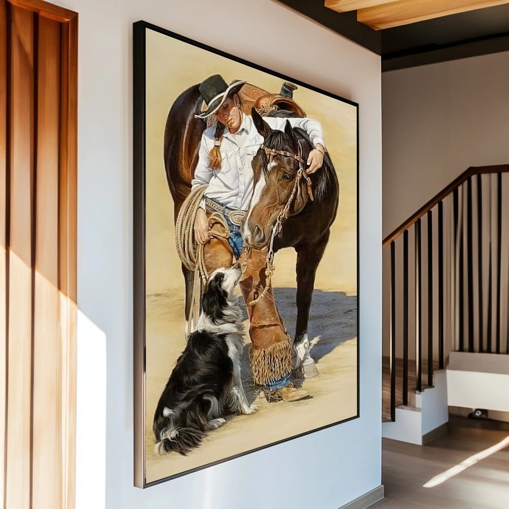 Quadro Moça Cavalo E Cachorro Estilo Pintura