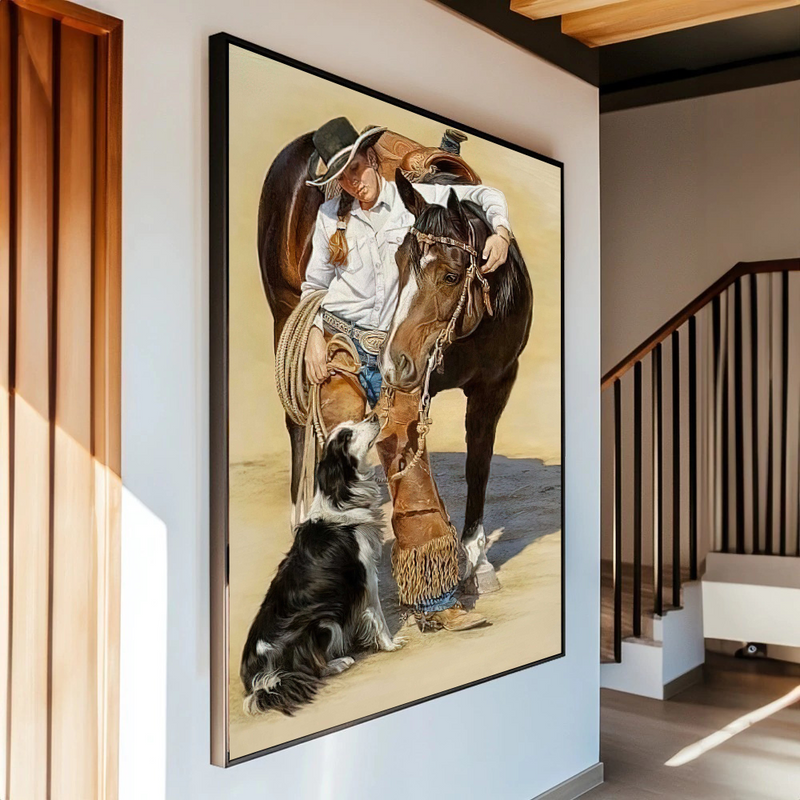 Quadro Moça Calao E Cachorro Estilo Pintura
