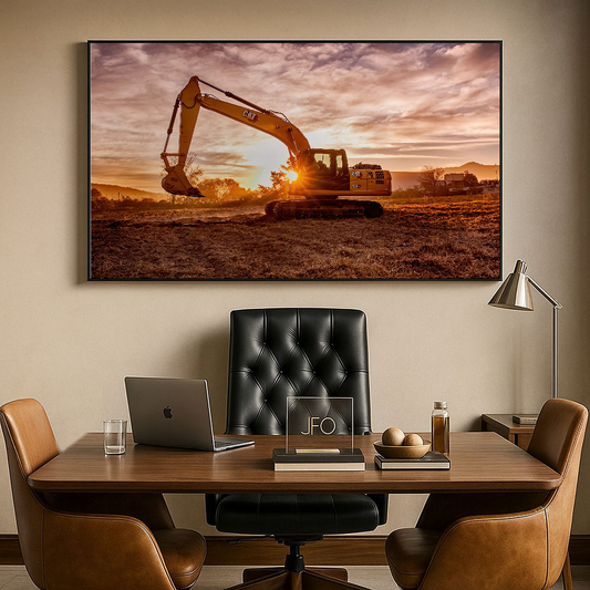 Quadro draga trabalhando ao entardecer rural – Agro Quadros