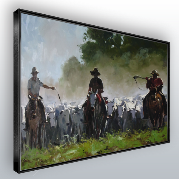 Quadro Cavaleiros Tocando Gado Estilo Pintura