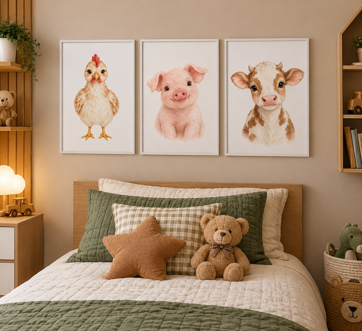 Trio de Quadros Infantil Agro Kids Vaquinha, Pintinho e Porquinho