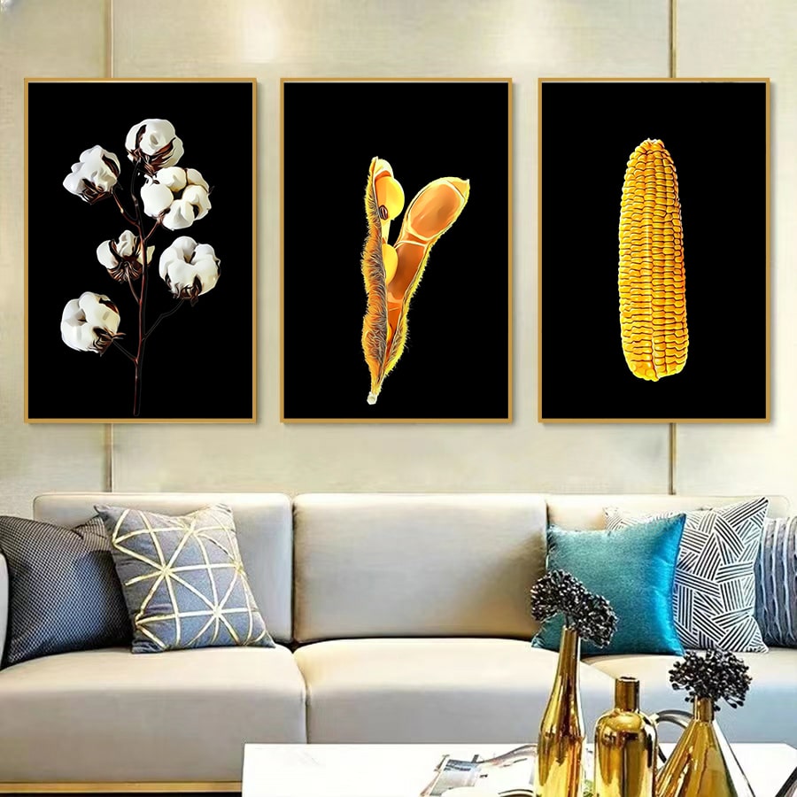 Kit 3 Quadros Algodão, Soja e Milho Fundo Black