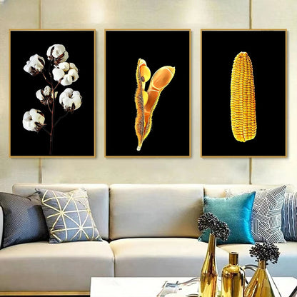 Kit 3 Quadros Algodão, Soja e Milho Fundo Black