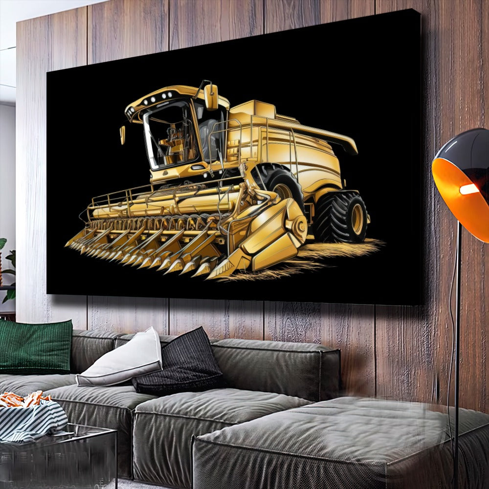Quadro Colheitadeira Gold Fundo Blackout Estilo Pintura