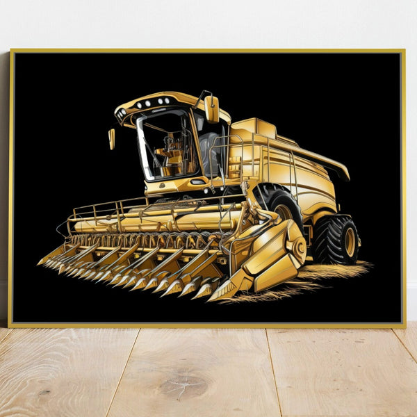 Quadro Colheitadeira Gold Fundo Blackout Estilo Pintura