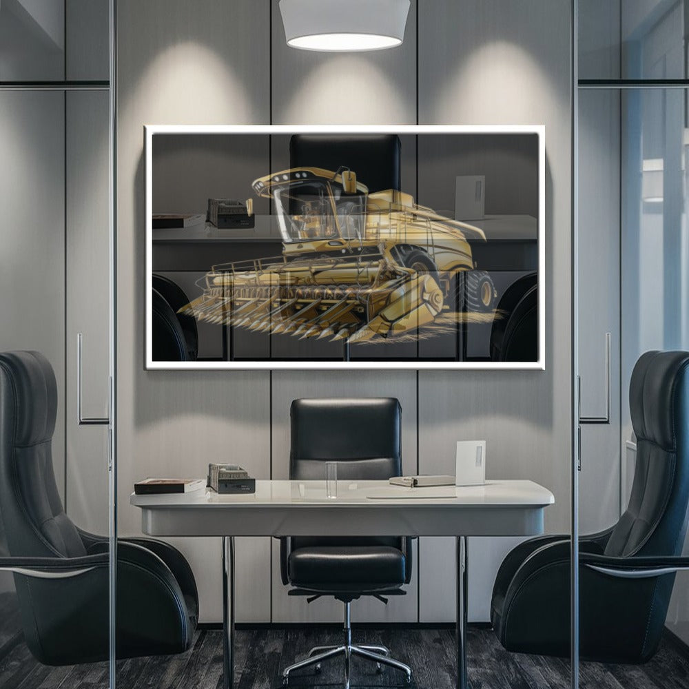 Quadro Colheitadeira Gold Fundo Blackout Estilo Pintura