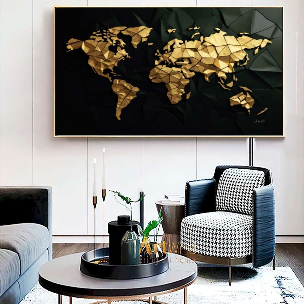 Quadro Mapa Mundi 3D Dourado Black
