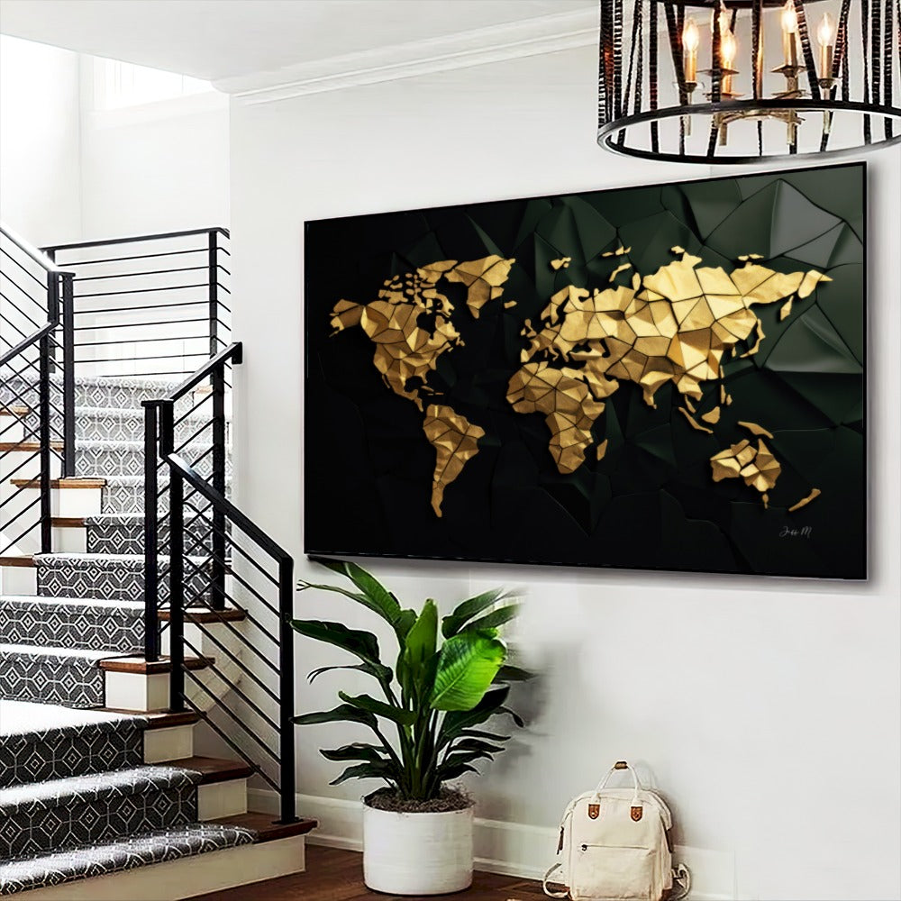 Quadro Mapa Mundi 3D Dourado Black