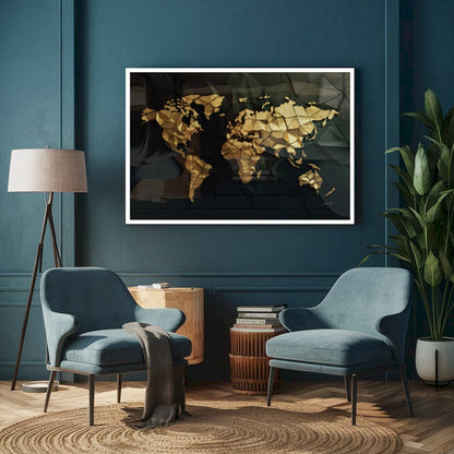 Quadro Mapa Mundi 3D Dourado Black