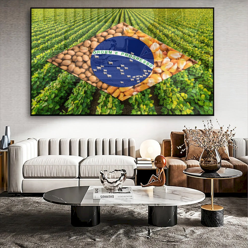 Quadro Bandeira Brasil Agro Estrelas Com Gado Nelore