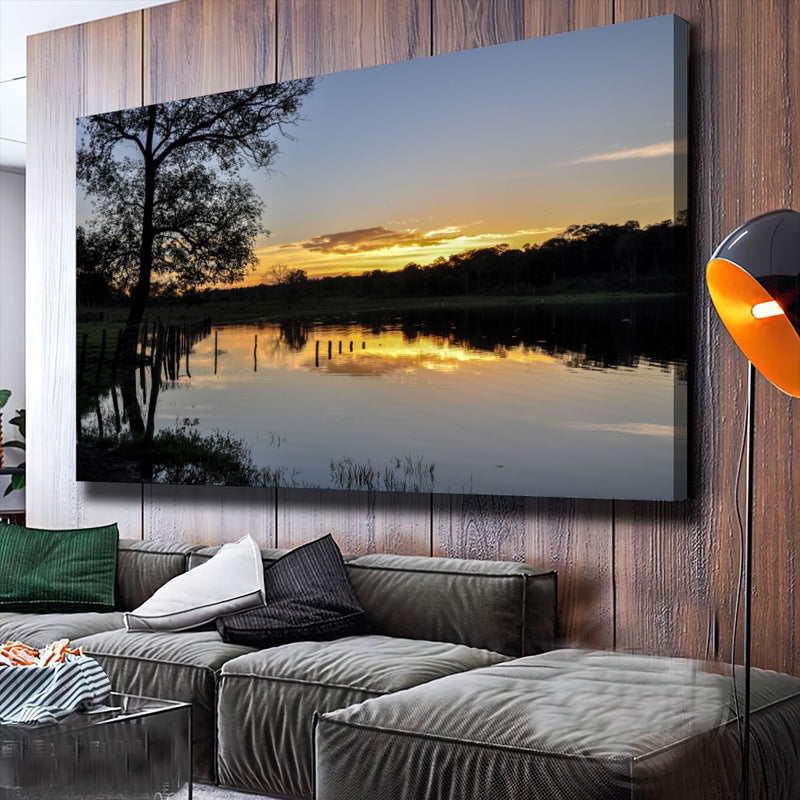 Quadro Açude E Pôr Do Sol Na Fazenda