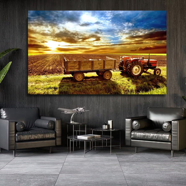 Quadro Trator E Carreto Antigo Por Do Sol