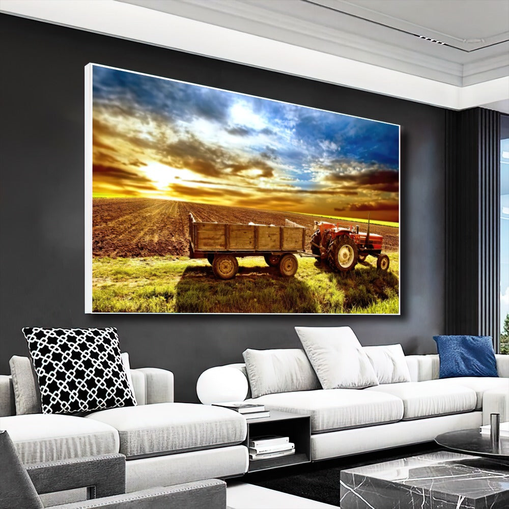 Quadro Trator E Carreto Antigo Por Do Sol