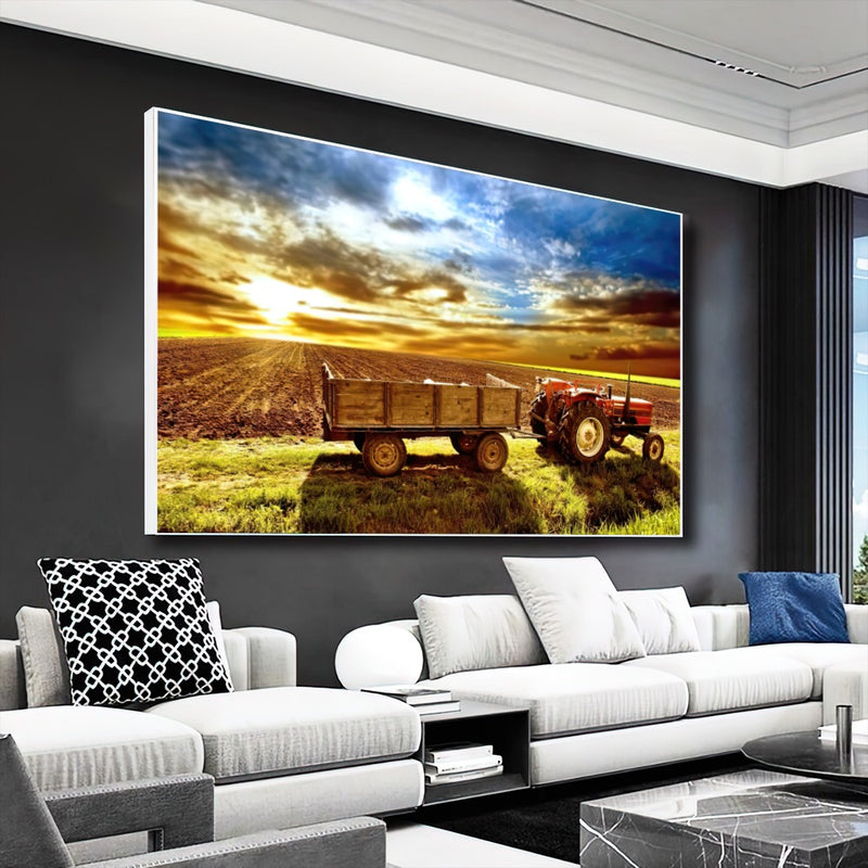 Quadro Trator E Carreto Antigo Por Do Sol