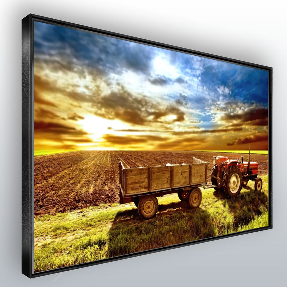 Quadro Trator E Carreto Antigo Por Do Sol
