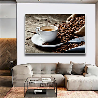 Quadro Xícara De Café E Grãos