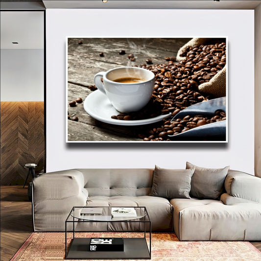 Quadro Xícara De Café E Grãos