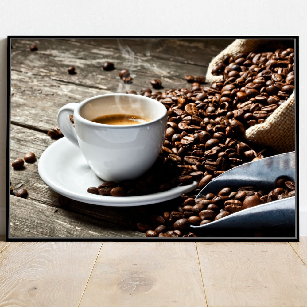 Quadro Xícara De Café E Grãos