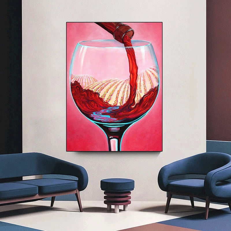 Quadro Taça De Vinho E Vinhedos Estilo Pintura