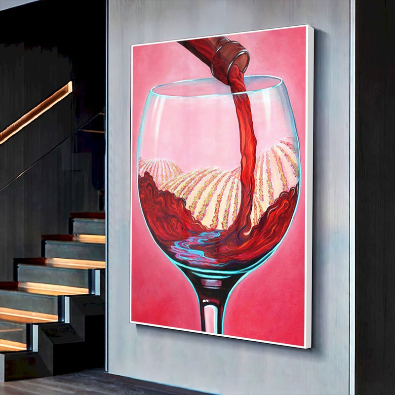 Quadro Taça De Vinho E Vinhedos Estilo Pintura